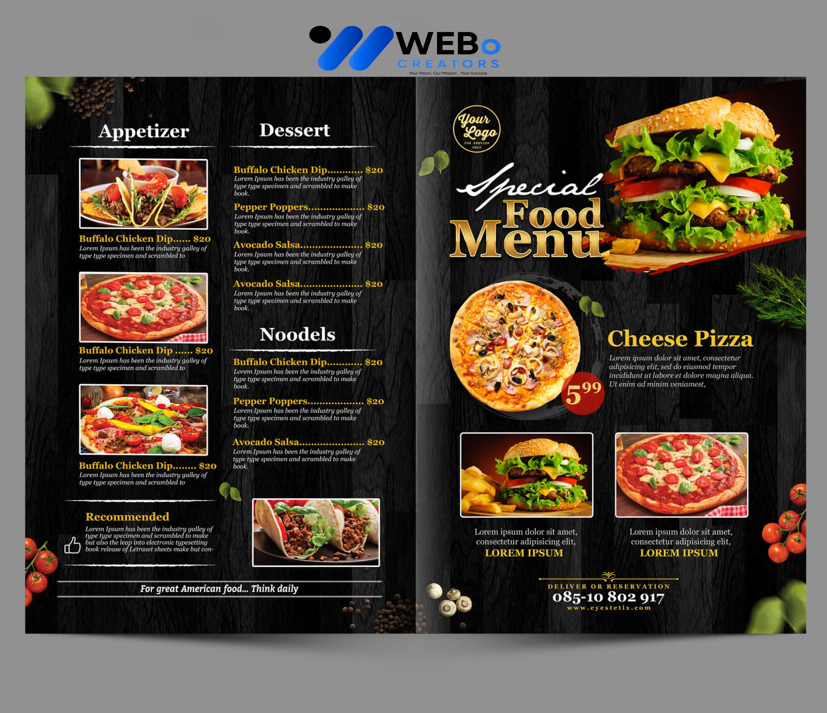 Modern restaurant menu design Denver 2026 café menu layout food branding design services
